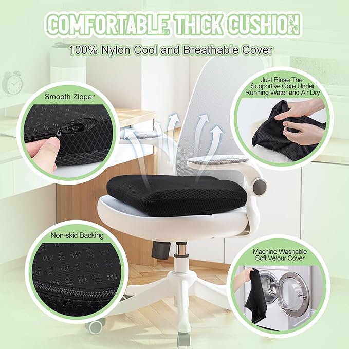 Air Fiber Office Chair Cushion - Ergonomic Seat Cushion for Orthopedic Coccyx, Relief Hip & Back Support - Doctor Recommended Cushion for Long Sitting Worker Driver & Handicapped (Black)
