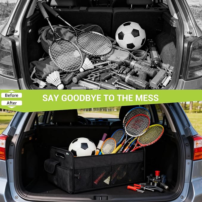 MIU COLOR Trunk Organizer for Car, Car Organizer, 8 Mesh Pockets Trunk Organizer for SUV, Non-Slip Bottom, Storage Organizer for Sedans, Van, Jeep, Grocery, 2 Compartments, Black 22"x13"x11"