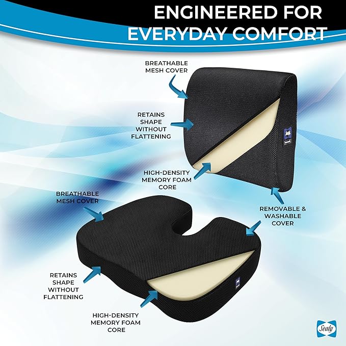 Sealy Memory Foam Car 2-Pack Seat Cushions – Ergonomic Cushions for Tailbone Pain Relief, Ideal for Office Chairs, Car Seats and Gaming Chairs, Premium Cushions Offering Superior Comfort and Support