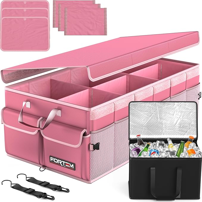 FORTEM Trunk Organizer with Cooler For SUV Car Trunk, Foldable Storage, Car Accessories for Women Men, Collapsible Bag, Perfect Christmas Gifts, 600D Oxford, Non Slip Bottom, Straps, Soft Cover (105L)