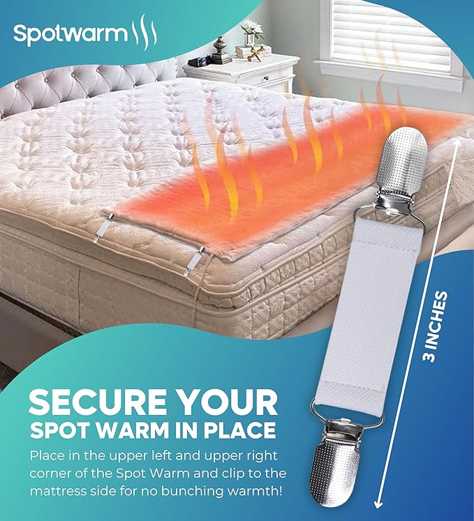 3” Bed Clip for SpotWarm, Adjustable Strap for Spot Warm King and Queen Bed Warmer, Use in Upper Two Corners to Keep Spot Warm in Place. Length 3” and Stretches, Includes - 1 Pair White