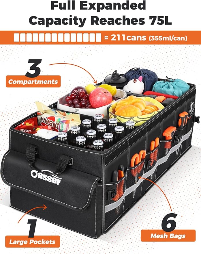 Oasser Car Trunk Organizer for SUV 75L Collapsible 4 Compartment Storage, Foldable Organizer Car Accessories for Women/Men