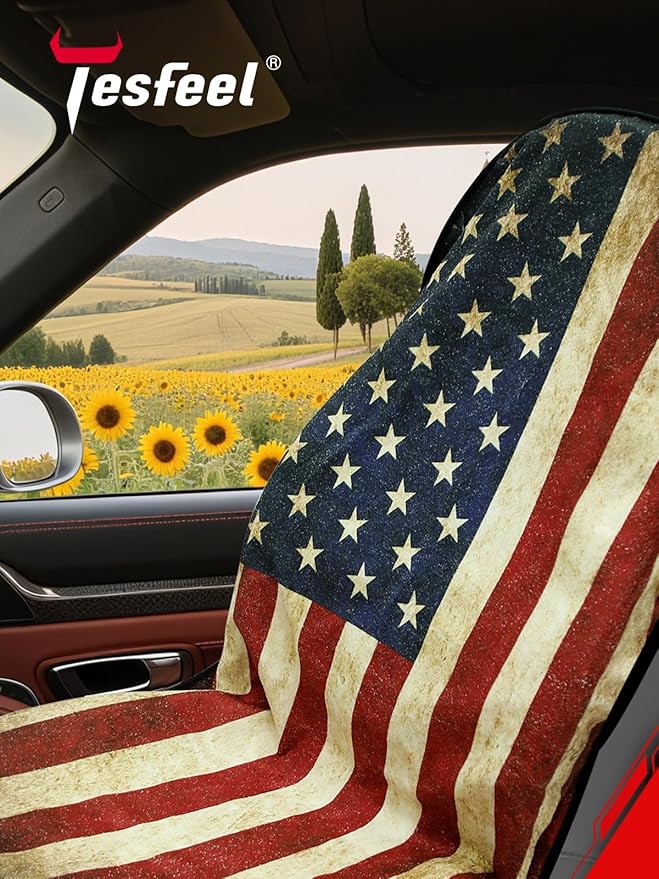 Universal Car Seat Cover Towel, Waterproof Washable Sweat Protection for Front Bucket Seats, Non-Slip Fit, Fits Cars SUVs Trucks, Ideal for Gym, Kids, Travel (American Flag, 2 Pack)