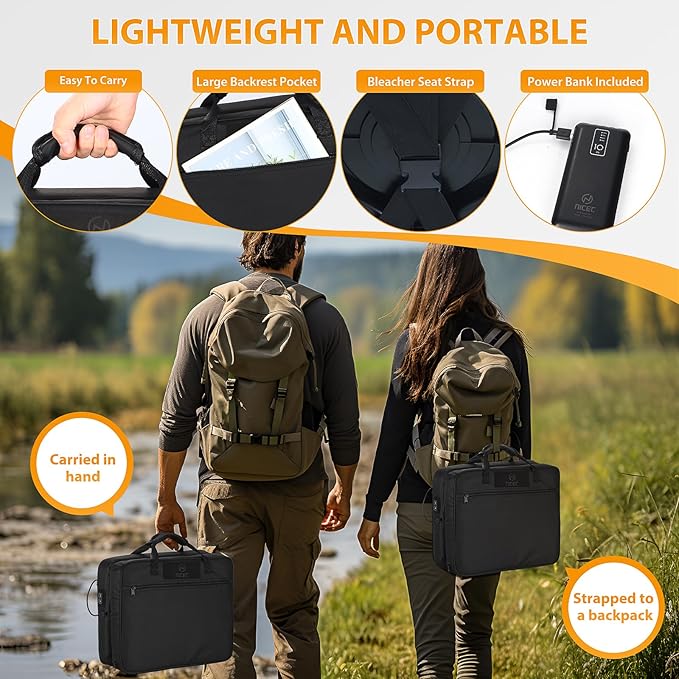 Nice C Heated Stadium Seat with Battery, Heated Seat Cushion, Heated Bleacher Seat, Stadium Seat with Back, Lightweight, Thick Padded with Carry Handle, Power Bank Included (2-P Heated Black)