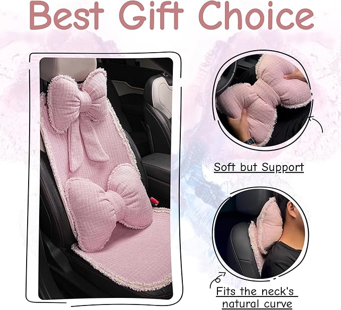 2-Pack Cute Bow Car Headrest Pillow Unique French-Inspired Bouclé Fabric Neck Support Cushion for Women Fits Most Cars (Pink)