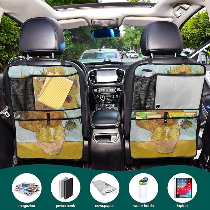 Automotive Seat Back Organizers Car Seat Organizer Waterproof Car Back Storage Kick Mat, Backseat Car Organizer with Pockets,Car Seat Protector Fit All 1Pcs Vangogh Sunflower Yellow