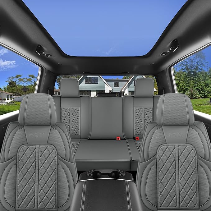 Car Seat Cover Custom Fit for Dodge Ram 1500 2500 3500 2002-2026 Faux Leather Seat Cover Set Compatible with Crew Quad Regular Cab Pickup Truck Cushions (Grey, Full Set, Flat Rear)