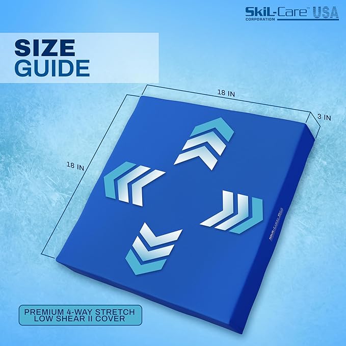 Skil-Care Premium Gel-Foam Cushion, 18" W x 18" D x 3" H, Dual-Layer Foam with Gel Core for Pressure Relief, 4-Way Stretch Low Shear Cover, Ideal for Wheelchairs and Chairs, 751390