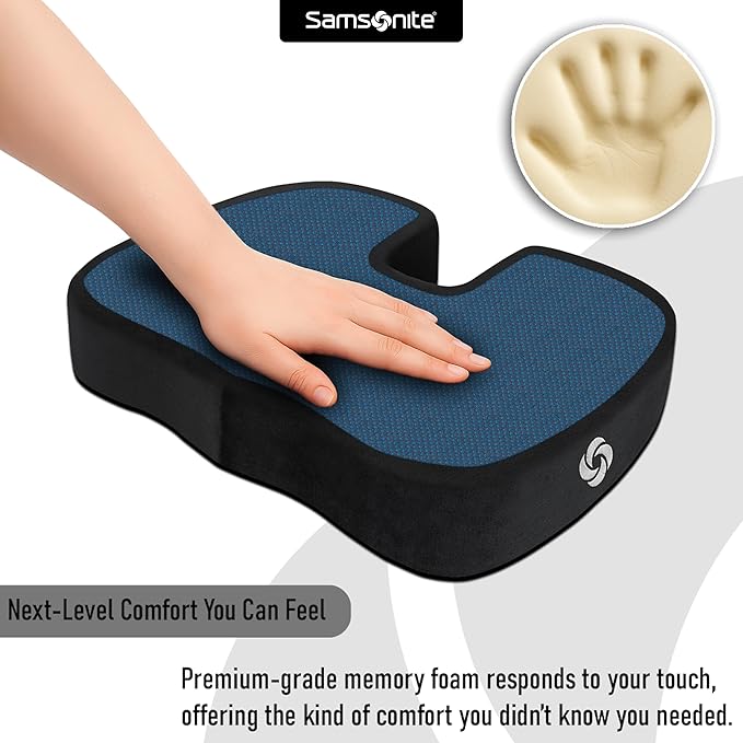 Samsonite Memory Foam Seat Cushion for Car & Office Chair – Tailbone Pain Relief, Cooling Pillow, Ergonomic Posture Corrector, Car Accessories & Home Office Essentials