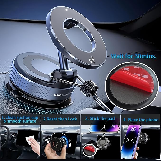 360° Adjustable Vacuum Magnetic Phone Holder [ 96+LBS Suction & 2800gf Magnetic ], Foldable Suction Cup Magnetic Phone Mount for Car, Car Phone Holder for iPhone 17/16/15/14/13/12 Series
