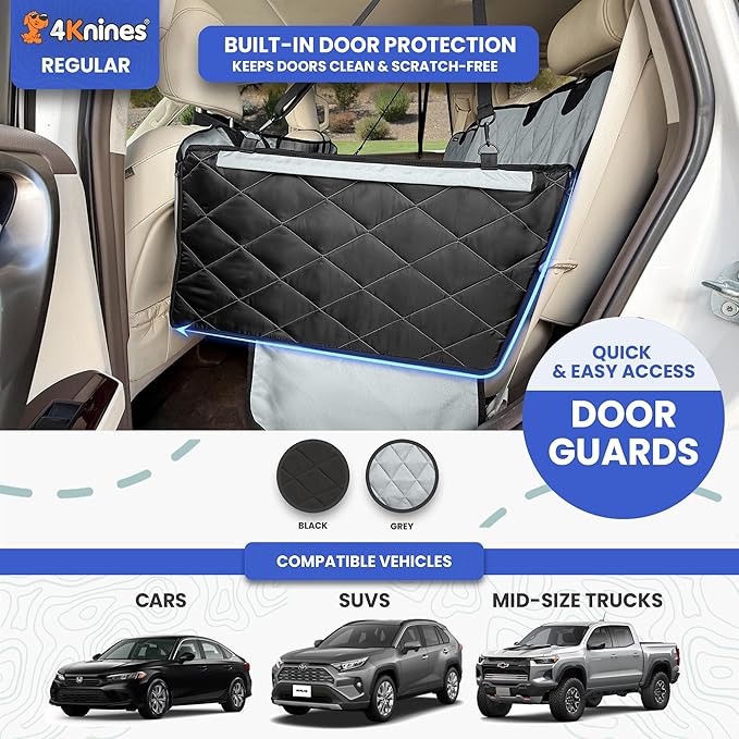 4Knines Hard Bottom Back Seat Extender for Dogs – Waterproof Dog Car Seat Cover – Heavy Duty Backseat Protector for Cars, SUVs, Trucks – Built-in EZ Open Door Protector (Patent Pending) Grey, Regular