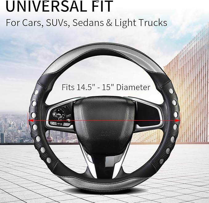 PU Leather Car Steering Wheel Cover with Anti-Slip Grip, for Women and Men, Universal Fit for 14.5-15 Inch Cars, Trucks, SUVs (Gray (Round), Medium(Standard) Size[14 1/2''-15''])