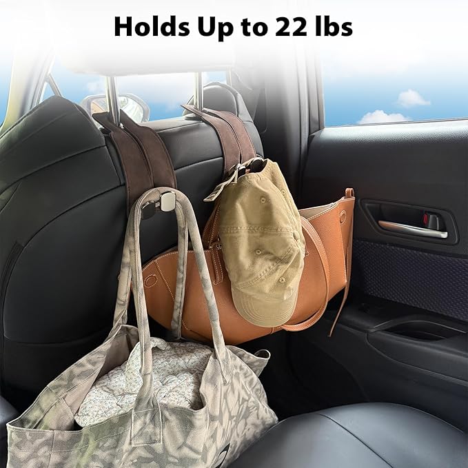 Car Seat Hooks 2 Pack, Leather Headrest Hooks for Car with Double-Hook Design, Durable Headrest Hook Bag Holder Purse Hanger, Organizer for Seat Back in SUV, Truck, Vehicle, Brown