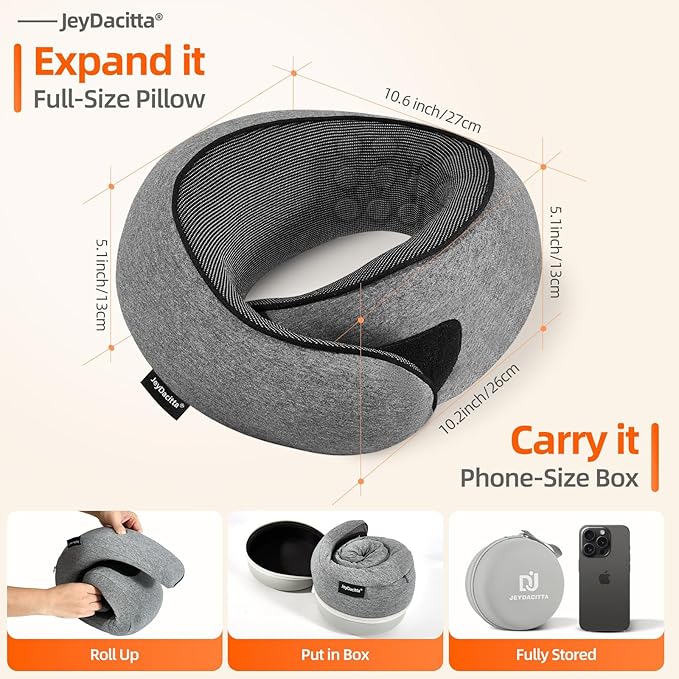 Premium Travel Pillow, Upgraded Memory Foam Neck Pillow, 360° Ergonomic Design Airplane Pillow Travel Pillows for Airplanes, Cars, Offices, Home Use, Large (Dark Gray)