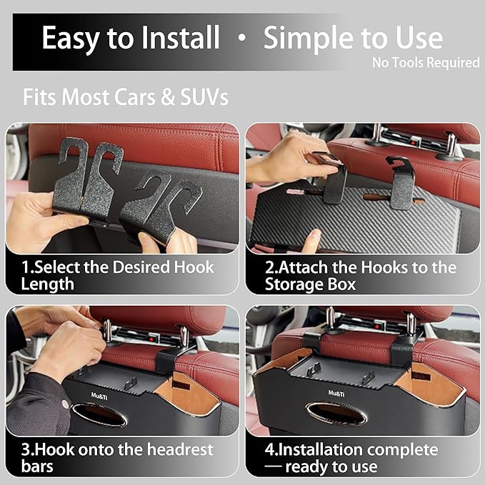 Mu&Ti Back Seat Car Organizer,4+2 in 1 Multifunctional Car Back Seat Storage Box with 2 Cup Holders, Tissue Box and Hook - Ideal for Kids and Travel(Beige)