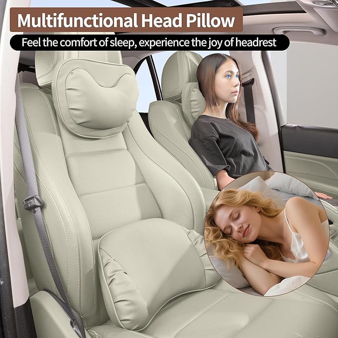 Car Neck Pillow [No More Pressure] Soft Comfortable Premium Leather Headrest with Adjustable Strap – Ergonomic Support for Driving, Office & Gaming, Off White (Beige), 1 Pack