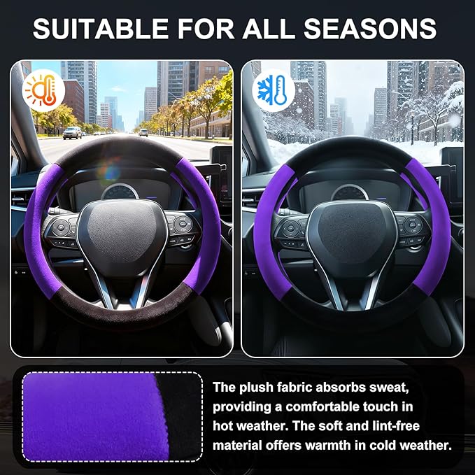 SEG Direct Steering Wheel Cover for Car, Standard Size 14.5-15 inch, Auto Interior Accessories, Warm Plush, Summer Winter, Black and Purple