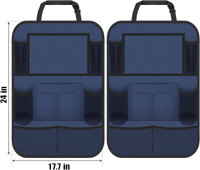 Car Backseat Organizer with 11" Table Holder, 10 Storage Pockets Seat Back Protectors Kick Mats for Kids Toddlers, Travel Accessories, 2 Pack, Blue
