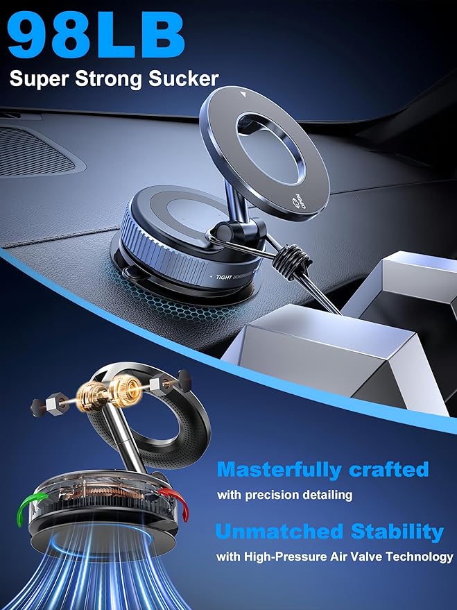 Upgraded 360° Vacuum Magnetic Phone Holder, Magnetic Car Phone Mount, Hands-Free Suction Cup Phone Holder for Car/Gym/Mirror/Shower/Smooth Surface, Car Mount Fit for iPhone 17 Pro Max White