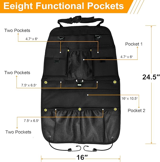 Car Seat Back Organizer with Multiple Storage Pockets, Black Mesh and Fabric, Universal Fit