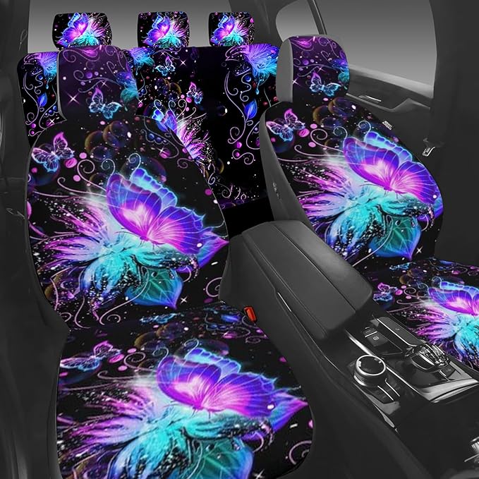 5 Pcs Premium Purple Butterflies Car Seat Cover, Breathable & Washable Car Seat Covers Full Sets, Fashionable Printed Seat Covers for Cars Interior, Universal Fit for Most Cars