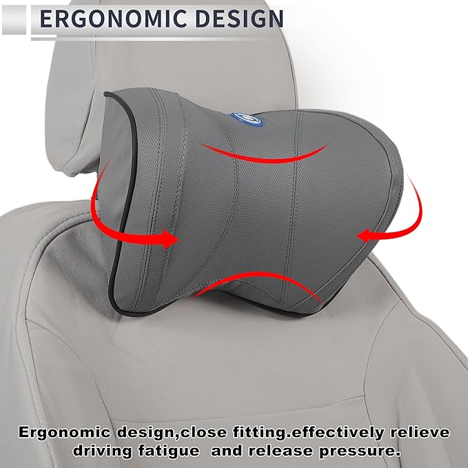 Car Headrest Pillow Ergonomic Comfortable Neck Support Pillow Nappa Leather and Memory Foam Adjustable Width Grey 1 Pc for Driving Travel