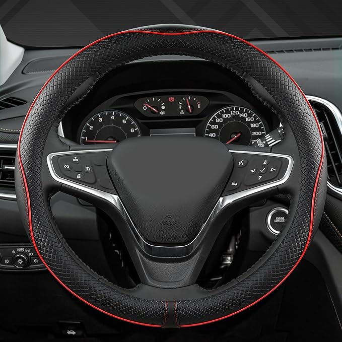 West Llama Microfiber Leather Car Steering Wheel Cover for Chevy Silverado,Tahoe,Equinox,Traverse,Trailblazer,Colorado (Black+Red Line - Standard Size)