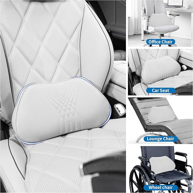 Lumbar Support Pillow for Car Seat, Office Chair Nappa Leather Memory Foam Lower Back Cushion for Back Pain Relief Improve Posture, Ergonomic Back Rest for Gaming Chair, Light Gray, 1PC