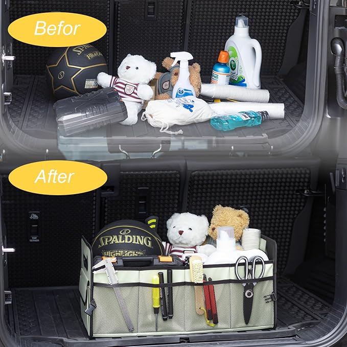 JiatuA Car Trunk Organizer, Car Organizers and Storage Collapsible Multi Compartment Container Box, Adjustable Car Accessories for SUV Sedan Truck, Standard Size, Light Green
