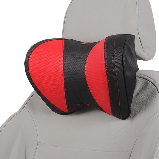 Car Headrest Pillow Ergonomic Comfortable Neck Support Pillow Nappa Leather and Memory Foam Adjustable Width Black and Red 1 Pc for Driving Travel