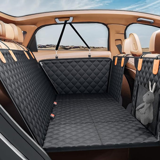 PETICON Back Seat Extender for Dogs, Hard Bottom Dog Car Seat Cover - Supports 400lbs, Rear Seat Pet Cover with Mesh Window, Waterproof Dog Hammock for Car SUV and Trucks