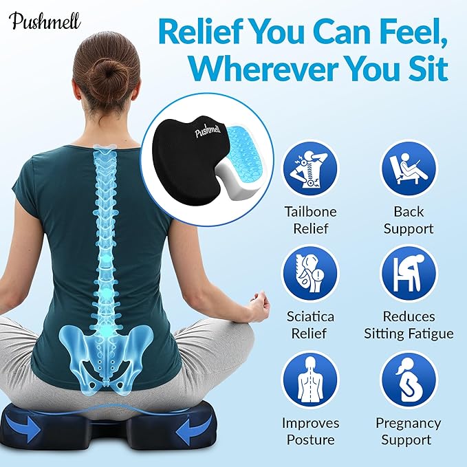 Premium Memory Foam Gel Seat Cushion for Tailbone, Coccyx, Back & Sciatica Pain Relief – Fits 17.5” x 14” Seats, Ergonomic Office Chair Cushions for Desk, Home, Car – Includes Bonus Extra Cover