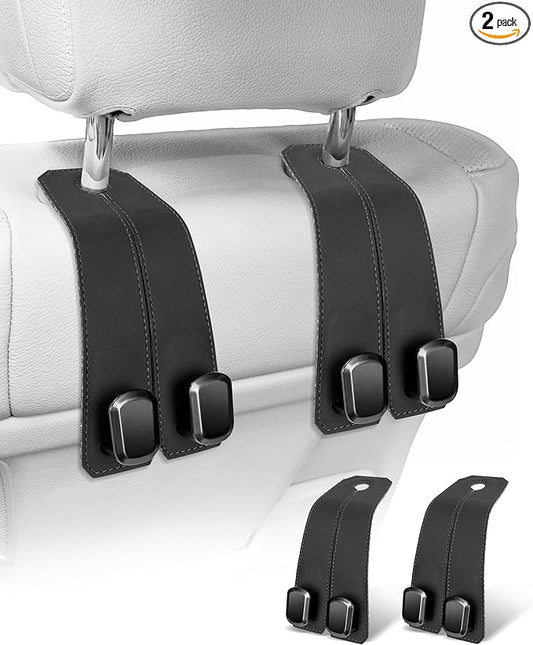 Car Hooks for Headrest, 2Pcs Seat Back Storage Hook Luxurious Leather 100% Metal Multifunctional Car Hanger & Holder for Heatrest, Seat, Bag, Purse (Black)