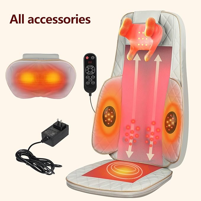 Shiatsu Neck and Back Massager with Heat - Full Back Walking Massager with Deep Kneading & Seat Cushion Vibration for Chair and Home, Pain Relief, Dual-Neck Detachable and Height Adjustment