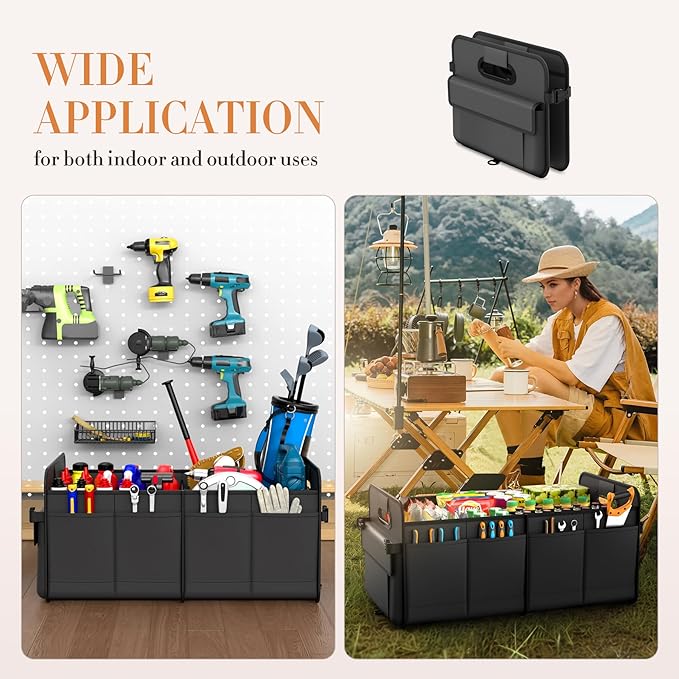 Trunk Organizer For Suv & Sedan,Car Organizers and Storage, Waterproof Collapsible & Adjustable Straps,70L Sturdy Car Organization for Car Accessories, Tools,Sundries,2-3 Compartment（Black