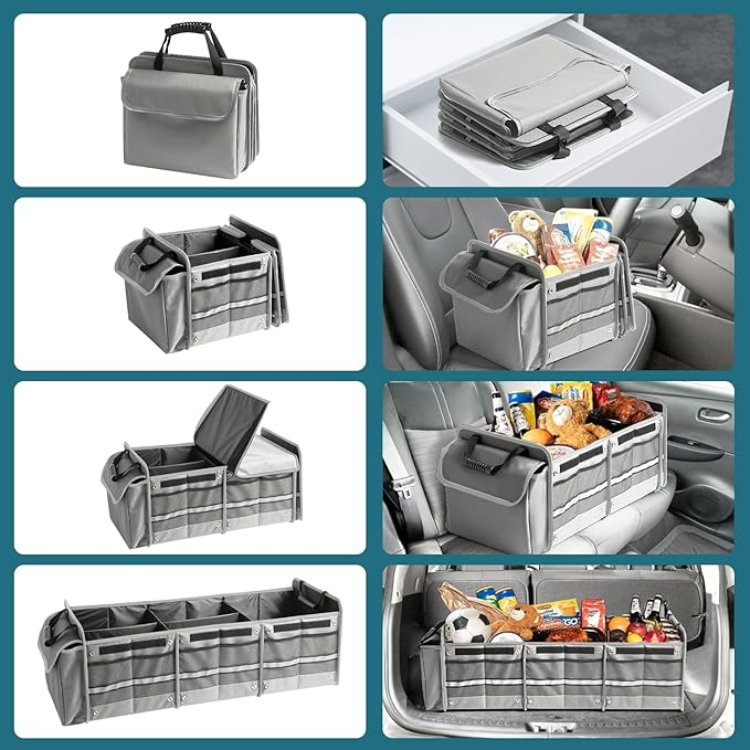 Car Trunk Organizer,115L Heavy Duty Collapsible Trunk Storage, with Insulated Leakproof Cooler Bag Vehicle Cargo Organizer with Lid, 3 Compartments, Straps For Car,Suv,Jeep,Sedan-Grey
