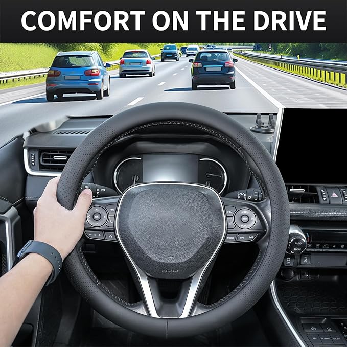 Nappa Leather Steering Wheel Cover, Universal 14.5–15 Inch Non-Slip Breathable Steering Wheel Cover for Cars, Black