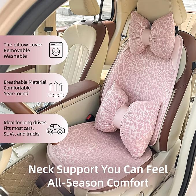 Car Headrest Pillow with Leopard Print Chic Car Interior Breathable Neck Support Cushions Fits for Most Cars (Pink Pillow)