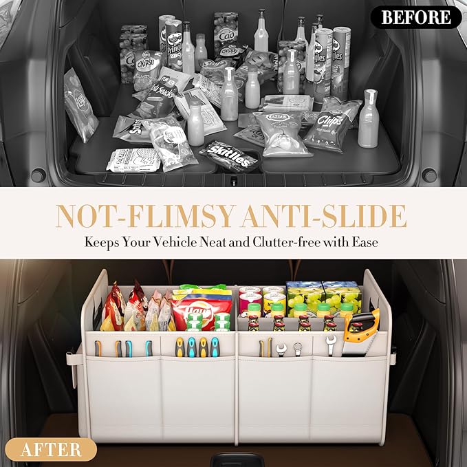 Trunk Organizer For Suv & Sedan,Car Organizers and Storage, Waterproof Collapsible & Adjustable Straps,75L Sturdy Car Organization for Car Accessories, Tools,Sundries,2-3 Compartment（Beige）