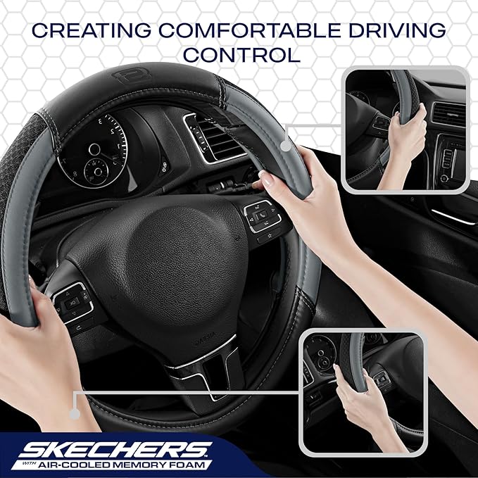 Skechers Air-Cooled Steering Wheel Cover,Leather Car Steering Wheel Cover Universal Fit 14" 1/2-15" Car Wheel Protector for Men Women Fit Suvs,Vans,Sedans,Car,Trucks,Gray
