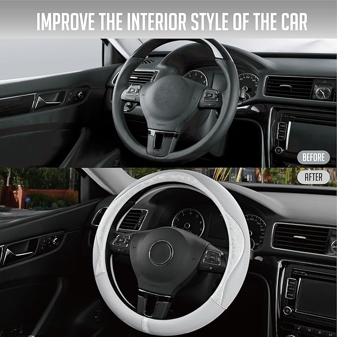 PIC AUTO Steering Wheel Cover, Silver Patterned Leather Patchwork Design, Universal Fit 14.5"–15.5", Anti-Slip, Odor-Free, Soft PU Grain Leather, Durable Grip Car Accessory for Girls & Women