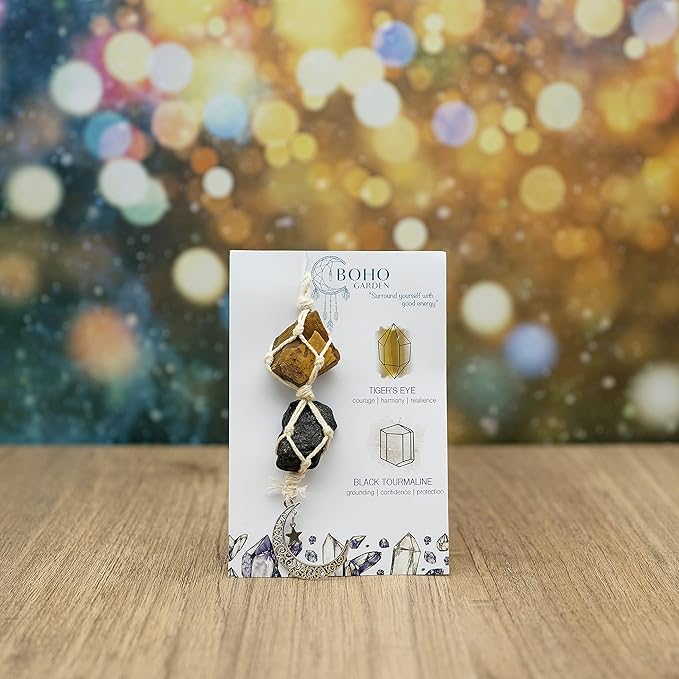 BOHO GARDEN Hanging Car Charm - Tiger Eye & Black Tourmaline - Dangling Moon, Healing Crystal Accessories, Rearview Mirror Decorations - Grounding, Confidence, Protection, Courage, Resilience, Energy