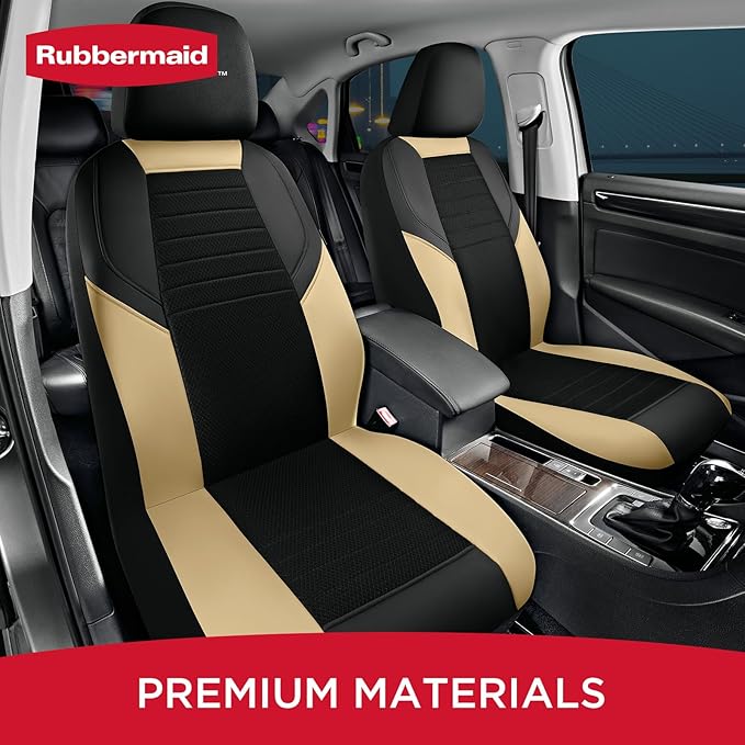 Rubbermaid Car Seat Cover, Leather & Air-Cool Mesh Front Seat Cover, Airbag Compatible, Slip-On Installation, Automotive Seat Cover Universal Fit for Most Cars, Trucks, SUVs-Beige