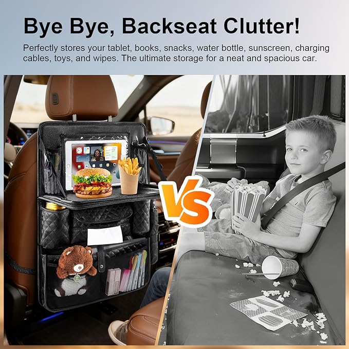 Car Backseat Organizers 2-Pack with Foldable Tray - PU Leather Back Seat Car Organizers with 11 Storage Pockets, Tablet Holders, Kick Mats Protectors for Kids Family Travel Essentials (Black)
