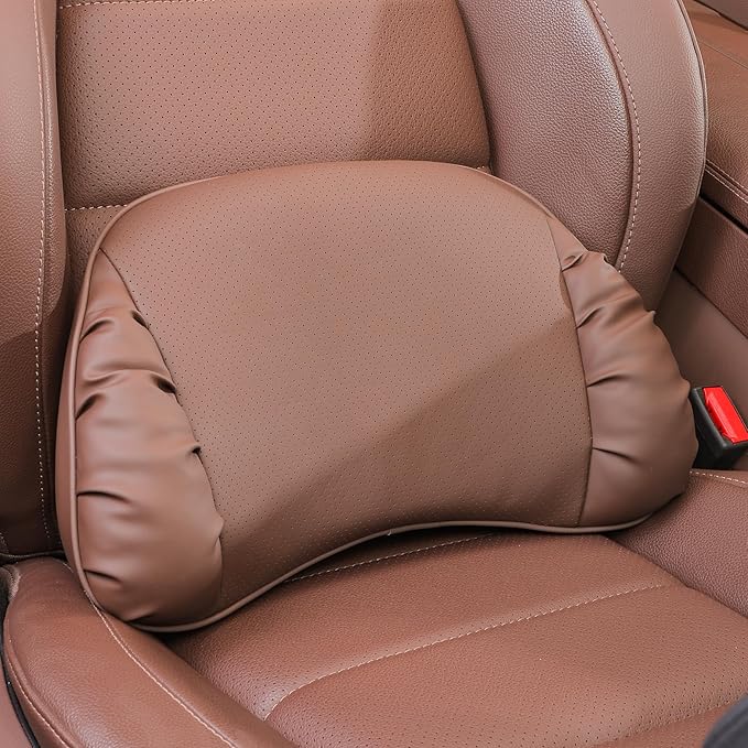 Lumbar Support Pillow for Car Seat, Memory Foam Leather Lumbar Pillow for Lower Back Pain Relief - Back Cushion for Driving - Chair Support for Office Chair, Gaming Chair, Brown, 1 Pack