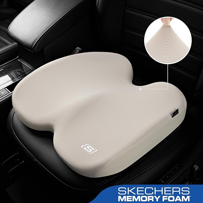 Skechers Seat Cushion, Ergonomic Memory Foam Cushion for Long Sitting Hours on Office & Home Chair, Car Seat Cushion for Sciatica, Coccyx Cushion,Beige
