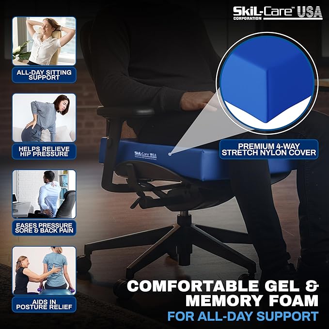 Skil-Care Premium Gel-Foam Cushion, 18" W x 18" D x 3" H, Dual-Layer Foam with Gel Core for Pressure Relief, 4-Way Stretch Low Shear Cover, Ideal for Wheelchairs and Chairs, 751390