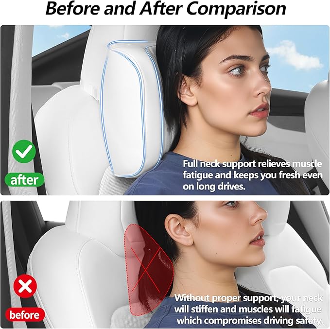 Car Headrest Pillow U-Shaped, Memory Foam Head Neck Support Cushion for Driving, Leather Head Rest Travel Pillows for Sleeping, Breathable Removable Cover, White, 1 Pack