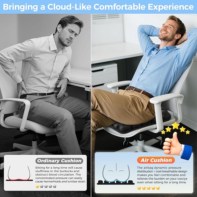 Inflatable Seat Cushion, Airplane Seat cushion for Long flights Without Air Pump, Pressure Relief Seat Cushion, Wheelchair cushions Applicable to Various Scenarios, Relief Discomfort in Coccyx&Buttock