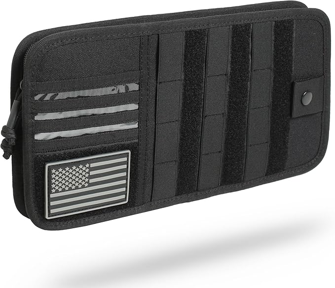 Heavy Duty Molle Car Sun Visor Organizer - Tactical Car Accessories with Zipper Visor Storage Pouch,Glasses Clip and Card Sleeve Pocket, Multi-Pocket Visor Organizer Storage Pouch for Cars SUVs Trucks
